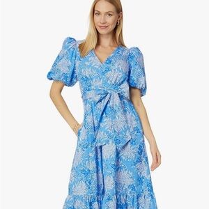 Lilly Pulitzer Blue and White Ruffled Wrap Midi Dress